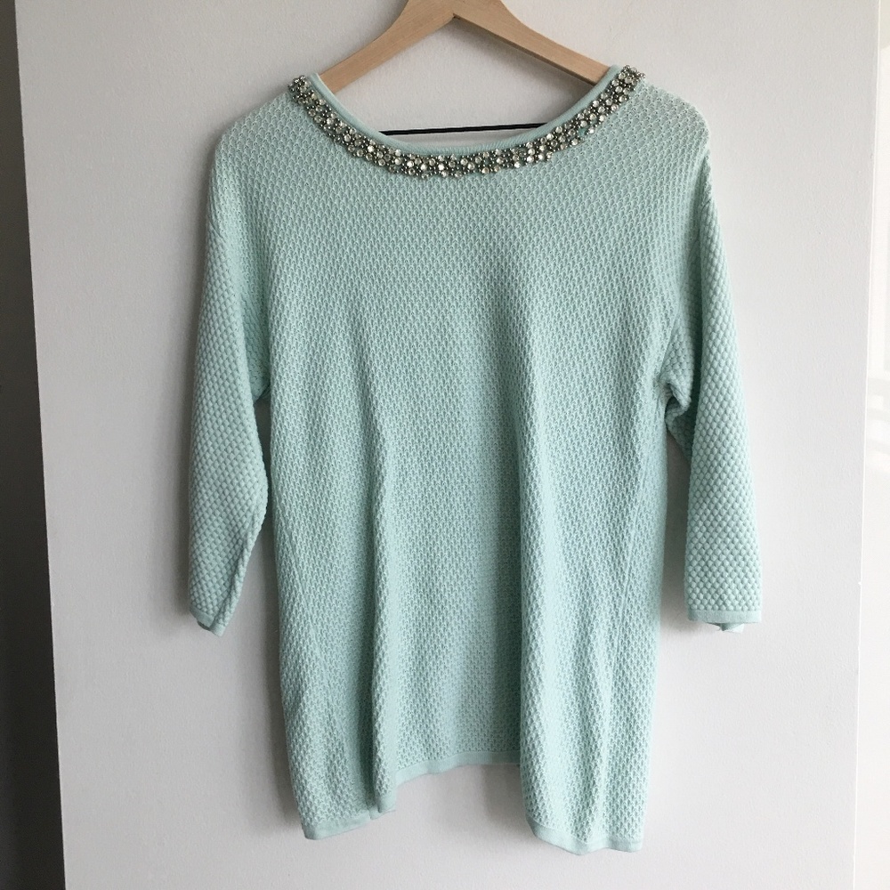 Hinge Turquoise Sweater Jeweled Neck